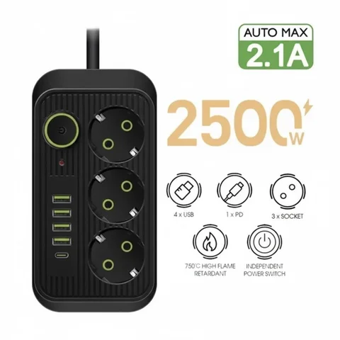 Мережевий фільтр F09U на 3 розетки, 4 USB і Type-C PD, кабель 185 см, чорний