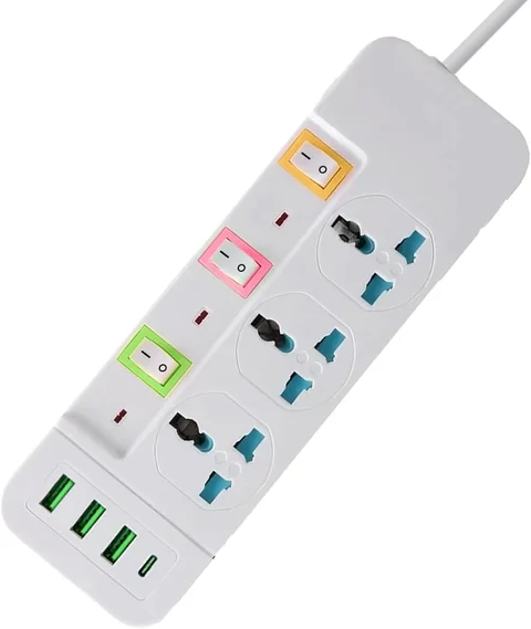 Мережевий фільтр на 3 розетки, 3 USB і Type-C з вимикачами, кабель 2 м