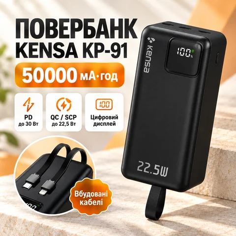 Павербанк Kensa KP-91 50000 мА·год PD 30 Вт з вбудованими кабелями