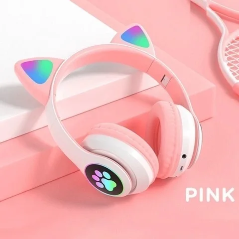 Дитячі бездротові Bluetooth-навушники з вушками й LED JST-28 рожеві