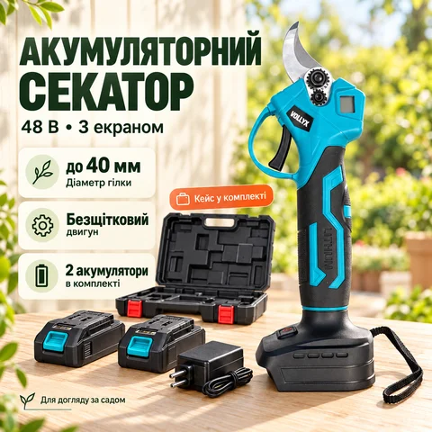 Акумуляторний секатор 48 В з екраном і безщітковим двигуном, 2 АКБ, синій