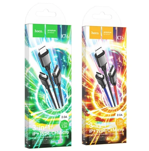 Кабель Hoco X76 Super 3 в 1 Lightning/Micro-USB/Type-C, 1 м, сірий