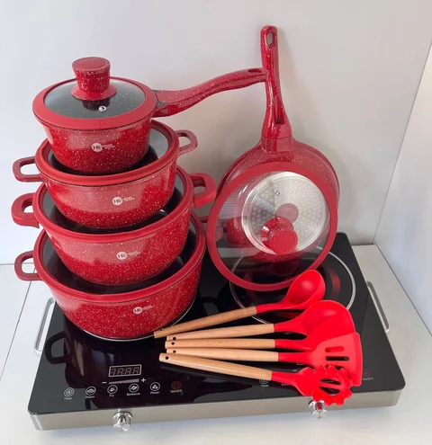 Набір посуду Higher Kitchen HK-316 з гранітним покриттям, 17 предметів (червоний, чорний)
