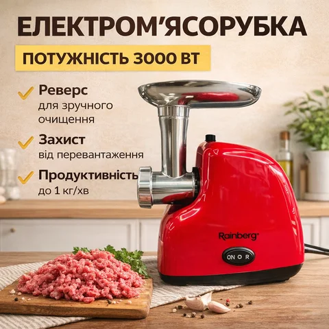 М’ясорубка електрична Rainberg RB-2319 3000 Вт з реверсом, червона