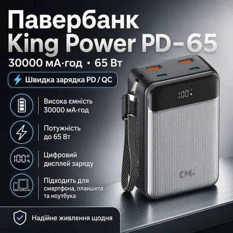 Павербанк King Power PD-65 30000 мА·год 65 Вт для смартфона та ноутбука