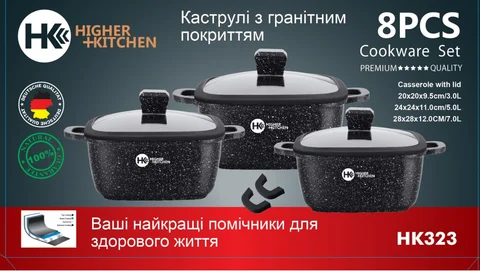 Набір каструль-казанів Higher Kitchen HK-323, гранітне покриття, 8 предметів (червоний, чорний)