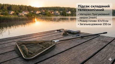 Підсак складаний телескопічний 67 × 70 × 230 см з капроновою сіткою