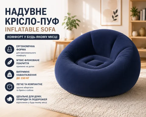 Надувне крісло-пуф 110 × 110 × 85 см флоковане, темно-синє
