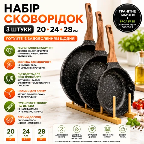 Набір сковорід 3 шт 20, 24 і 28 см з гранітним покриттям без кришок чорний
