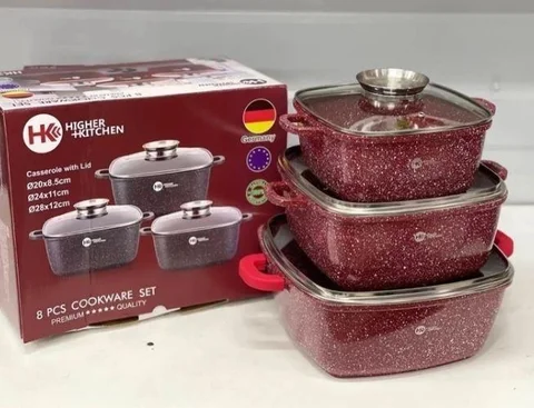 Набір квадратних каструль Higher Kitchen HK-302, 8 предметів (червоний, чорний)