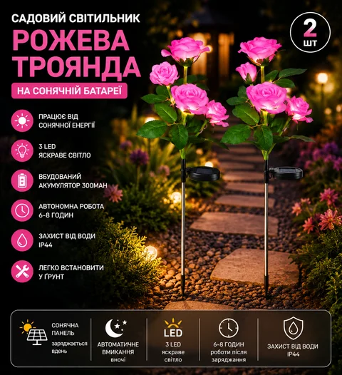 Садові світильники «Рожева троянда» на сонячній батареї, 2 шт.