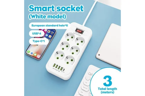 Мережевий фільтр-подовжувач D6 на 6 розеток, 4 USB і Type-C, 3 м, білий