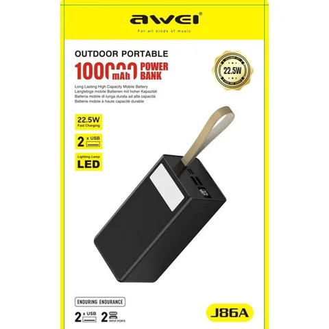 Повербанк Awei J86A 100000 мА·год із LED-дисплеєм і кількома портами